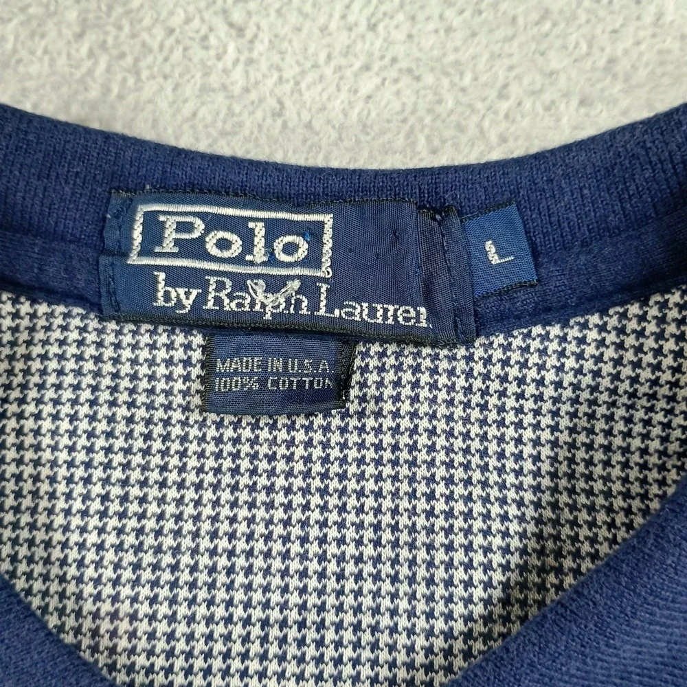 Polo Ralph Lauren Mens Houndstooth Polo Shirt Blue Large Made in USA